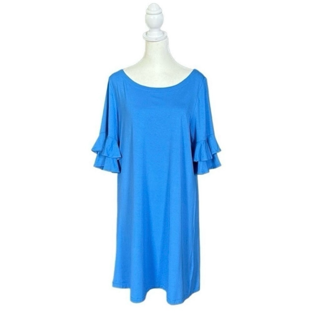 Lilly Pulitzer Lula Coastal Blue Tiered Flounce Sleeve Round Neck Dress Sz Large